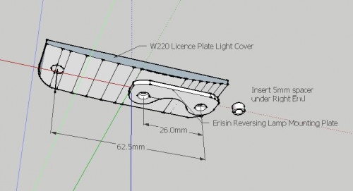 Schematic of Erisin ES580 Rear View Camera mounted on a W220 Licence Plate Lamp Lens Cover.